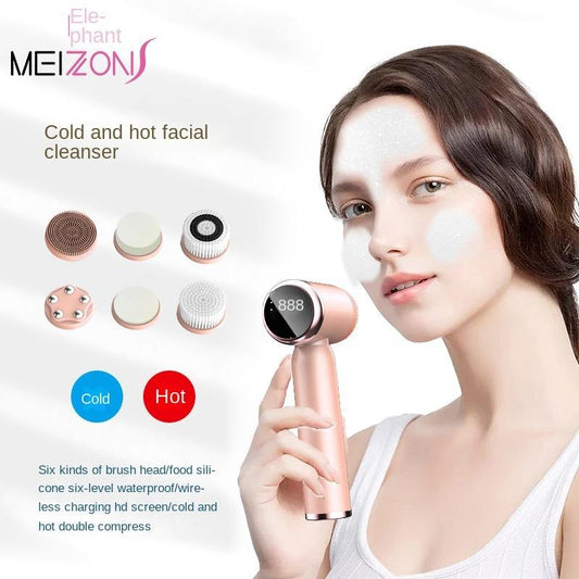 6-In-1 Hot And Cold Facial Cleanser Display Cleansing Brush Ultrasonic Facial Cleanser Pore Cleaning Silicone Beauty Instrument